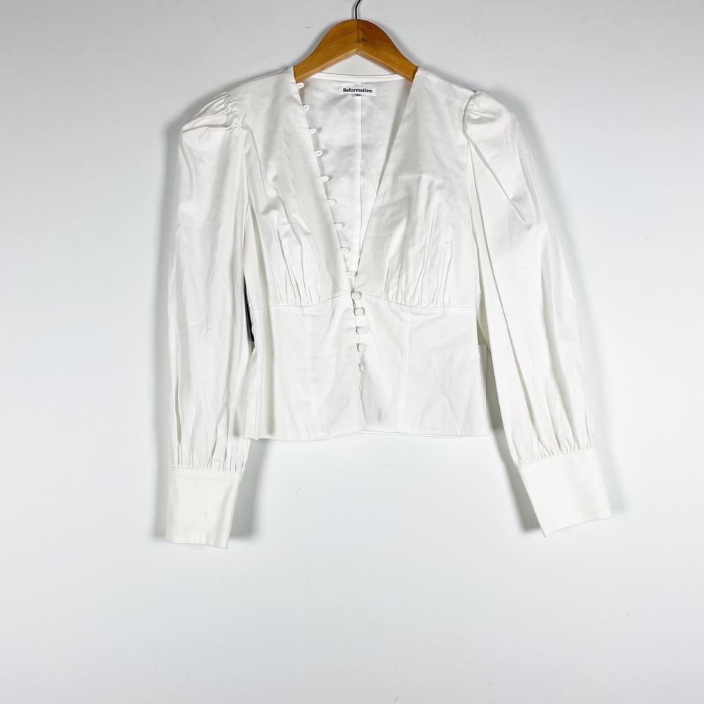 NEW Reformation Lawrence Organic Cotton Poplin Button Front Long Sleeve Blouse 2